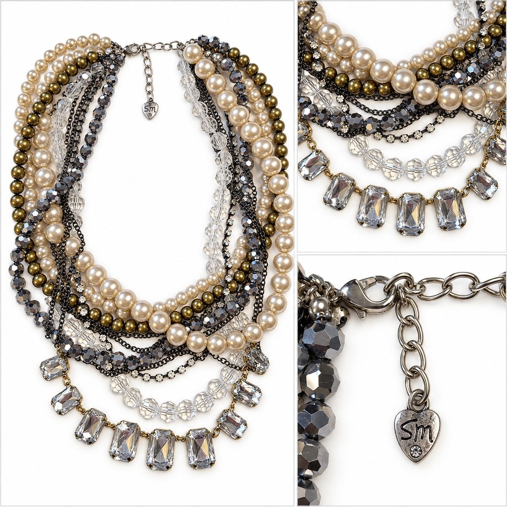 Sandra Magsamen Multi Strand Pearl Crystal Statement Bib Necklace Signed SM
